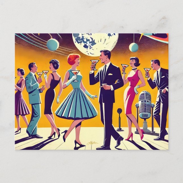 Carte Postale Soirée Cocktail Espace Années 60 Milieu du Siècle (Devant)