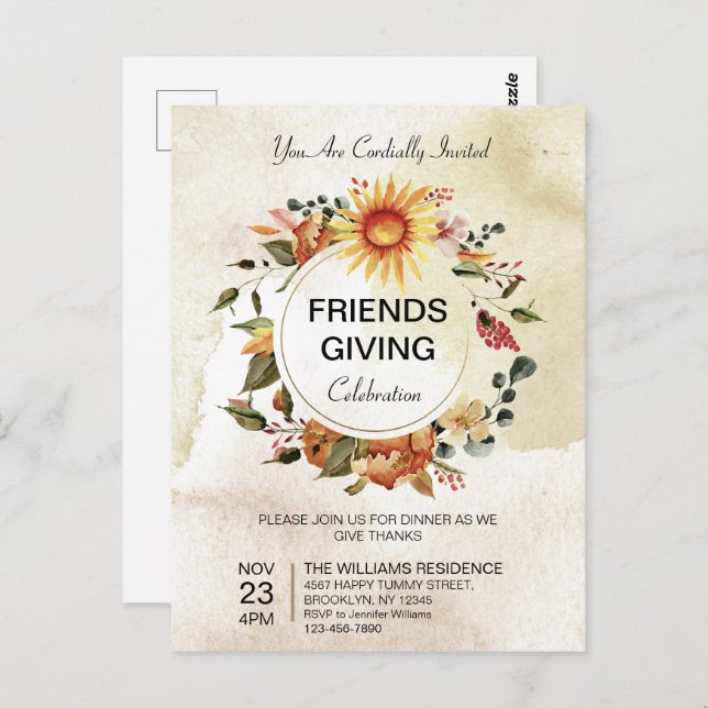 Carte Postale Soirée d'Amabilité Thanksgiving Tournesol d'automn (Devant / Derrière)