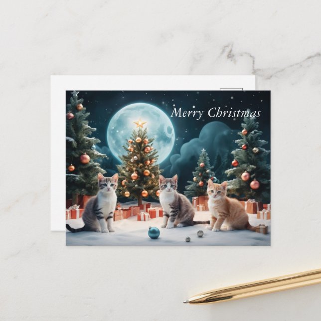 Carte Postale Soirée de Noël envoûtante avec des chatons (Devant/Arrière en situation)
