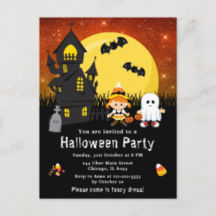 Carte Postale Soirée déguisée Halloween Sorcière Fantôme Orange