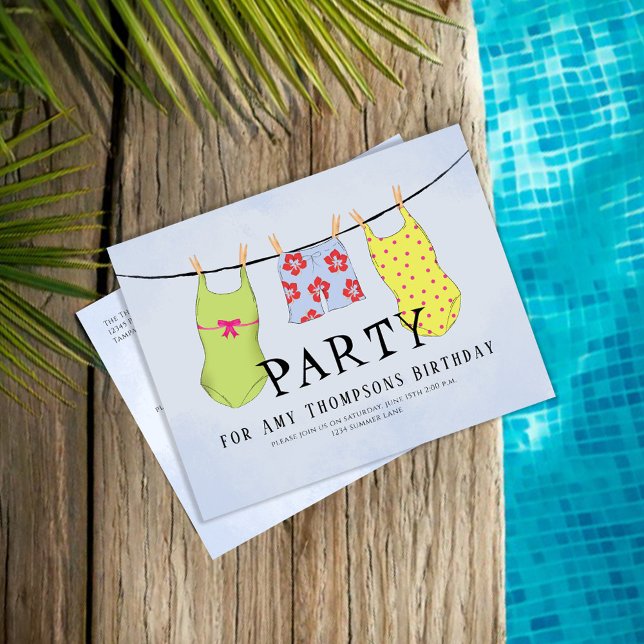 Carte Postale Soirée Piscine en maillot coloré (Pool party custom postcard template. )