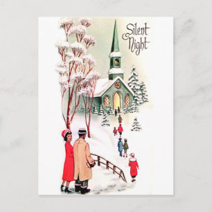 Carte Postale Soirée silencieuse, église à Noël, vacances vintag