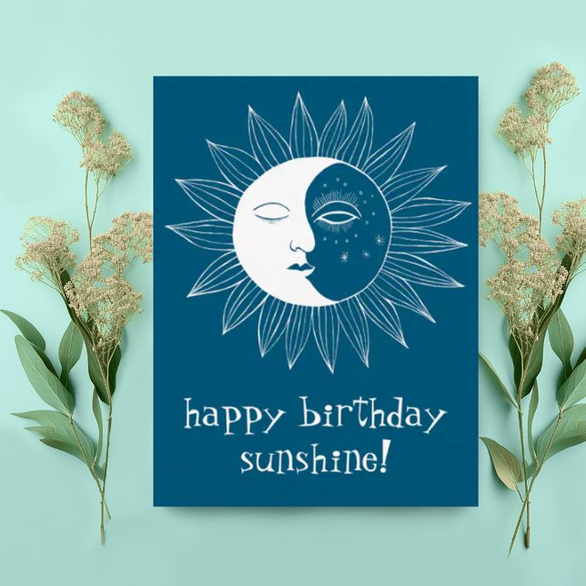 Carte Postale Soleil & Lune joyeux anniversaire PERSONNALISÉ (Sweet happy birthday boho postcard with sun and moon illustration. Add custom text)
