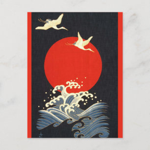 CARTE POSTALE SOLEIL ROUGE ,GRUES VOLANTS JAPONAIS,VAGUES DE MER