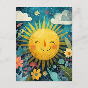 Carte Postale Soleil souriant coloré sur de jolies fleurs