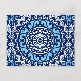 Carte Postale Soleil Sud-Ouest Mandala Batik, bleu marine et bla