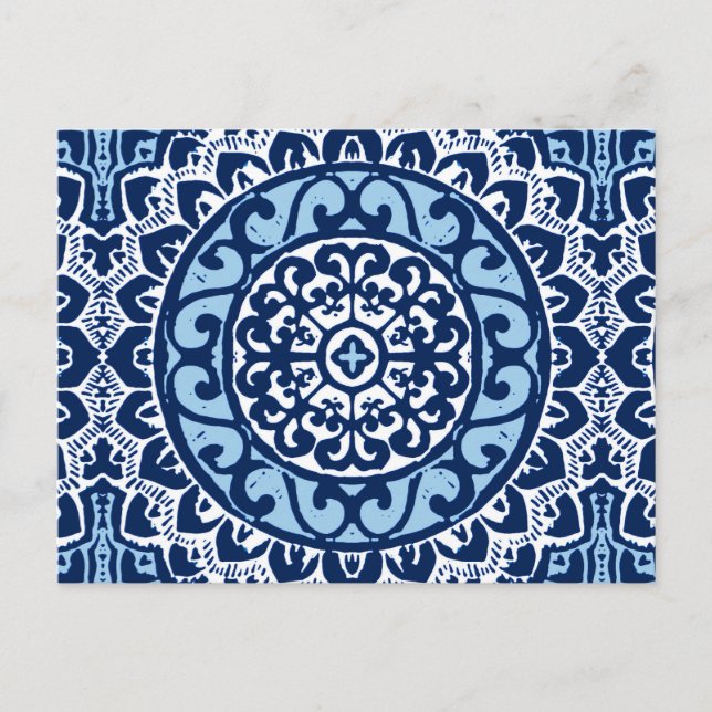 Carte Postale Soleil Sud-Ouest Mandala Batik, bleu marine et bla (Devant)