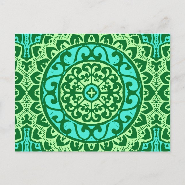 Carte Postale Soleil Sud-Ouest Mandala Batik, Vert citron (Devant)