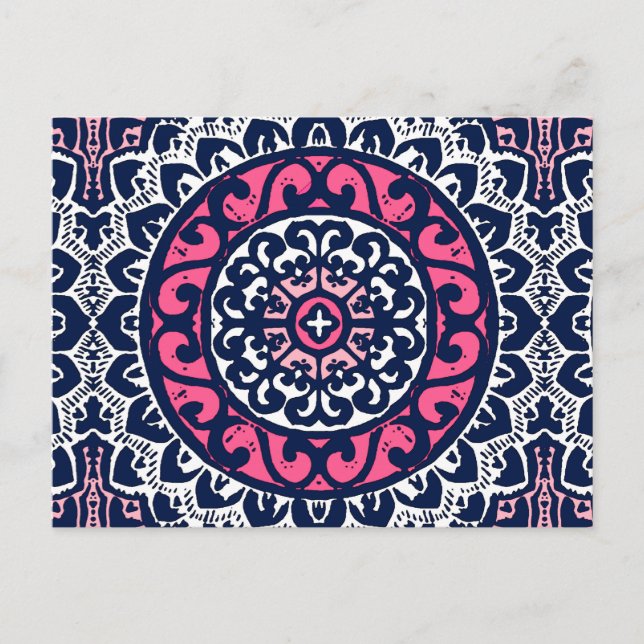 Carte Postale Soleil Sud-Ouest Mandala, Fuchsia, Navy & White (Devant)