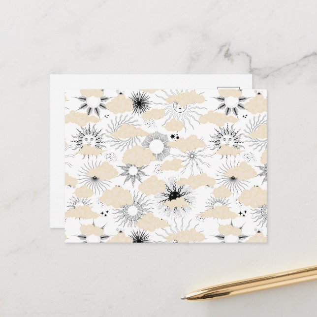 Carte Postale Soleils noirs stylisés derrière des nuages tan tex (Devant/Arrière en situation)