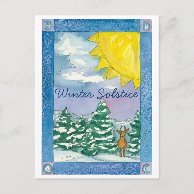 Carte Postale Solstice d'hiver Deer Aquarelle de neige Paysage (Devant)