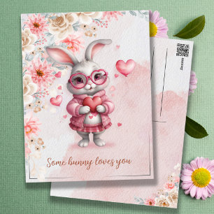 Carte Postale Some Bunny Loves You Lapin Rose Romantique & Cœurs