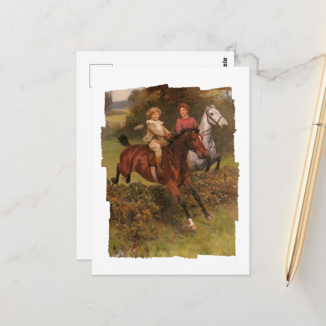 Carte Postale Son premier garçon de clôture et cheval sautant la (Devant/Arrière en situation)