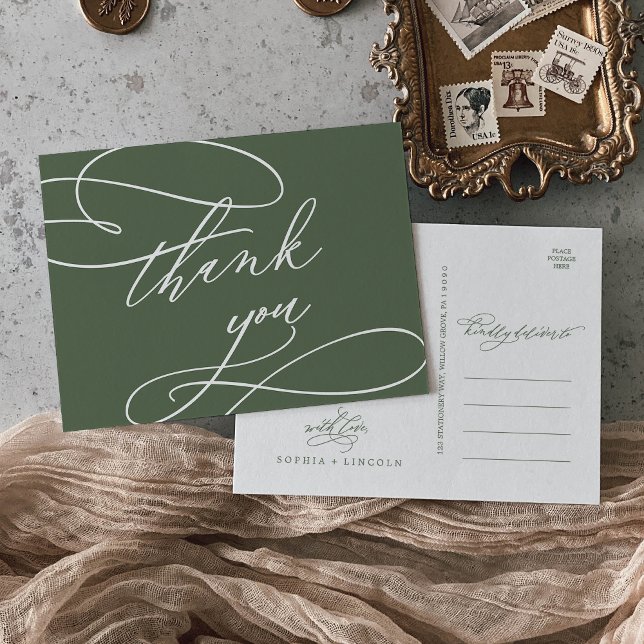 Carte Postale SOPHIA Merci Mariage vert de la forêt (SOPHIA Woodland Olive Green Wedding Thank You Postcard)