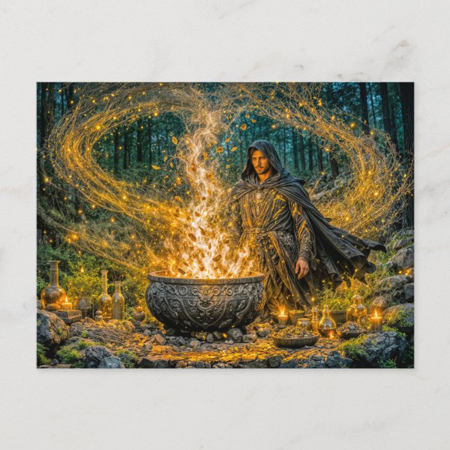 Carte Postale Sorcier de fantasy dynamique avec chaudron magique (Devant)