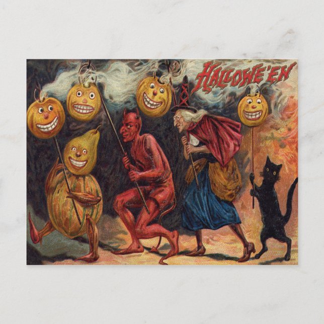Carte Postale Sorcier Diable Chat Noir Citrouille (Devant)