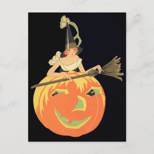 Carte Postale Sorcière Art Déco Jack O Lantern Citrouille Balai (Devant)