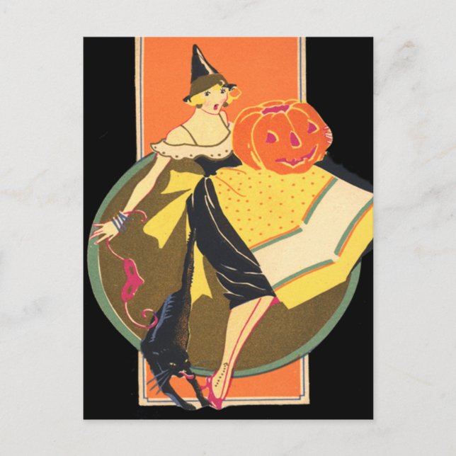 Carte Postale Sorcière Art Déco Jack-o'-lantern Citrouille Chat  (Devant)