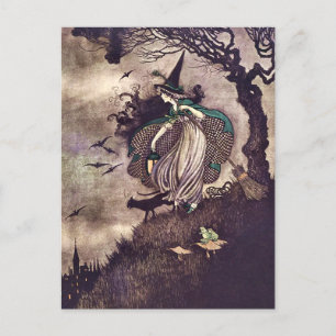 Carte Postale Sorcière Art Nouveau sous un arbre avec balai chat