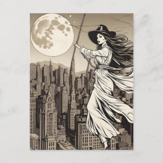 Carte Postale Sorcière au-dessus de la ville sous la pleine lune