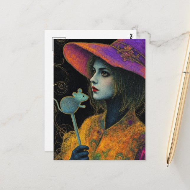 Carte Postale Sorcière avec baguette de souris (Devant/Arrière en situation)