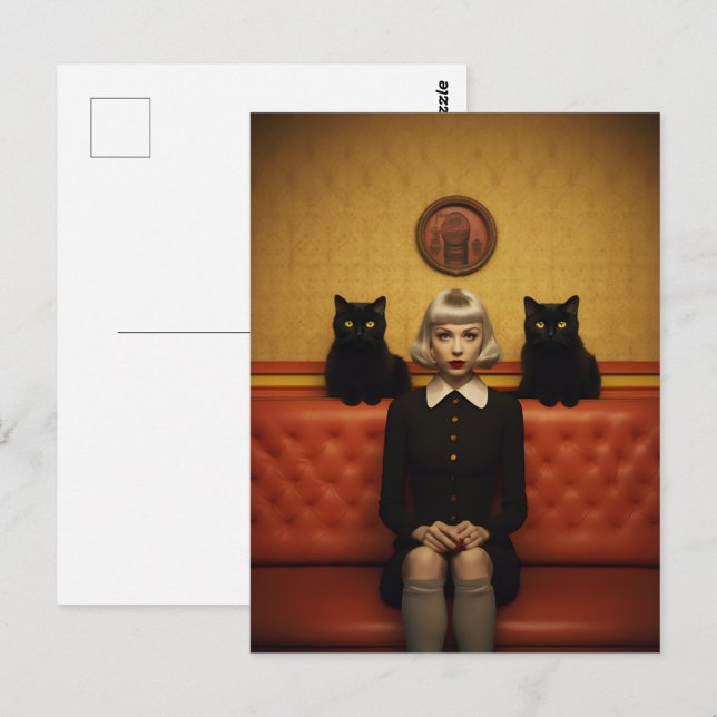 Carte Postale Sorcière avec chats noirs (Devant / Derrière)