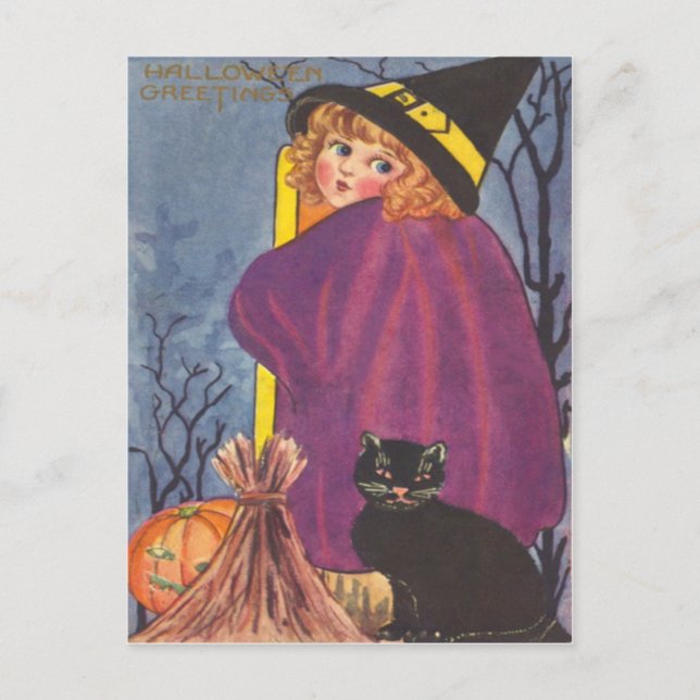 Carte Postale Sorcière Broom Jack-o'-lantern Black Cat Trees (Devant)