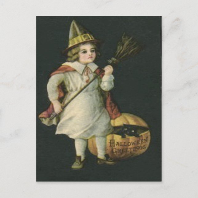 Carte Postale sorcière Broom Jack-o'-lantern Citrouille Chat noi (Devant)