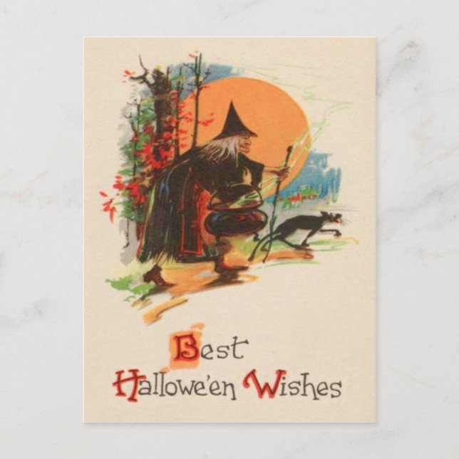 Carte Postale Sorcière Cauldron Pleine lune Chat Noir (Devant)