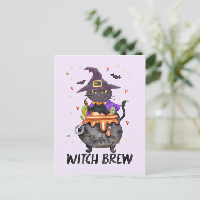 Carte Postale Sorcière - Chat à sorcière d'Halloween dans un Cau (Debout devant)