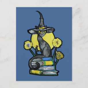 Carte Postale Sorcière chat livresque                           