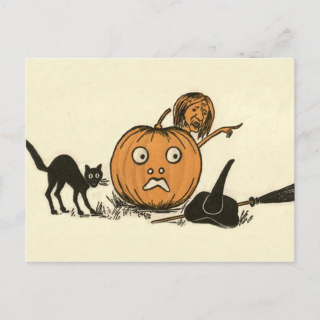 Carte Postale Sorcière Chat Noir Citrouille Jack O Lanterne (Devant)