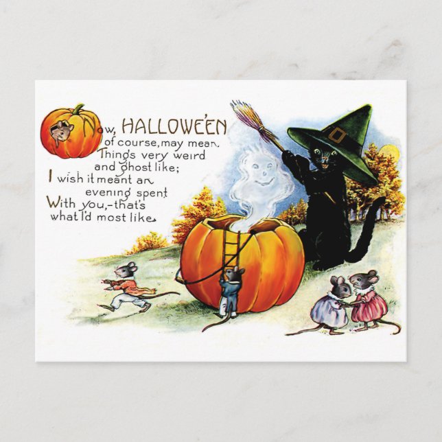 Carte Postale Sorcière chat noir Halloween (Devant)