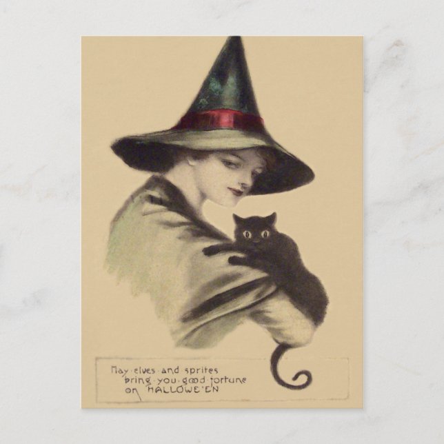 Carte Postale Sorcière Chat Noir Souriant Heureux (Devant)