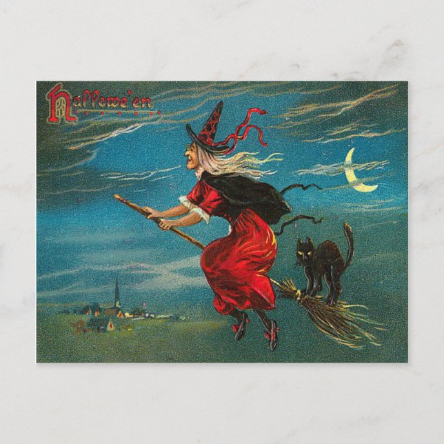 Carte Postale Sorcière Chat Noir Volant Croissant de Lune (Devant)