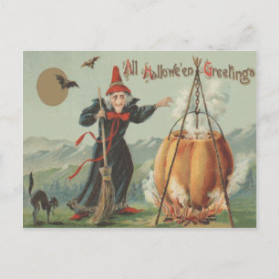 Carte Postale Sorcière Citrouille Cauldron Black Cat Spell