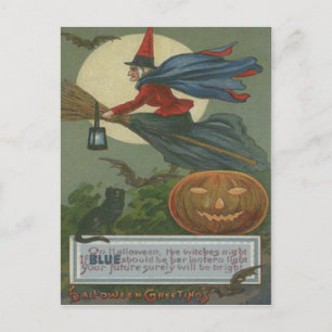 Carte Postale Sorcière Citrouille Chat Noir Pleine Lune