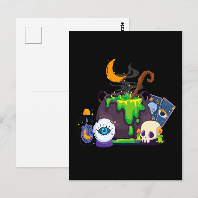 Carte Postale Sorcière Cuisine Cauldron Potion Sous Le Lune (Devant / Derrière)