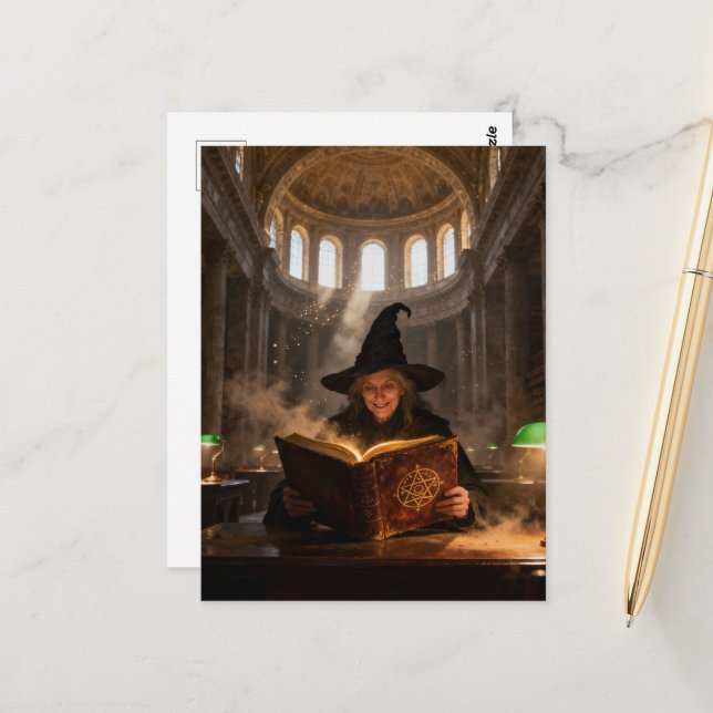 Carte Postale Sorcière dans la bibliothèque  (Devant/Arrière en situation)