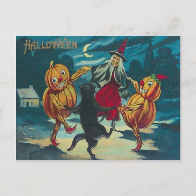 Carte Postale Sorcière dansante Jack O' Lantern Monstre Chat noi (Devant)