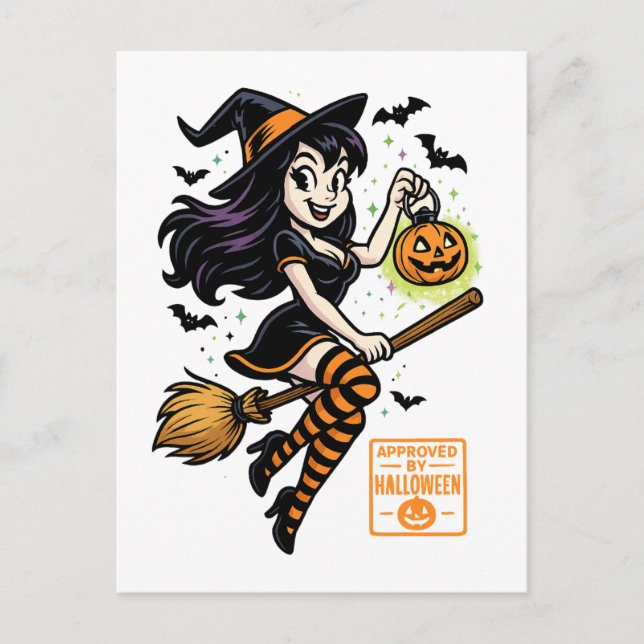 Carte Postale Sorcière de dessin - Approuvé par Halloween (Devant)