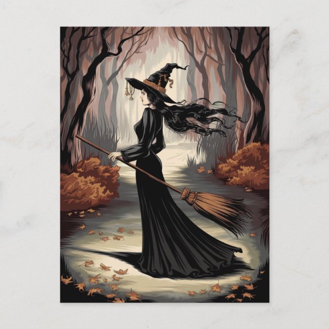 Carte Postale Sorcière de Halloween branchée moderne en forêt (Devant)