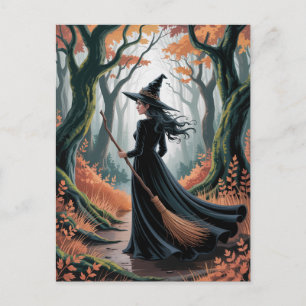 Carte Postale Sorcière de Halloween branchée moderne en forêt