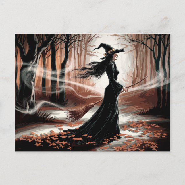 Carte Postale Sorcière de Halloween Moderne Branchée dans la For (Devant)