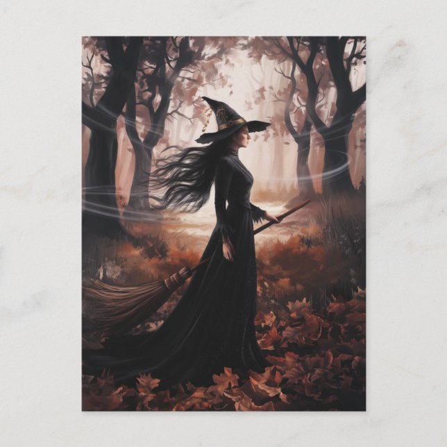 Carte Postale Sorcière de Halloween Moderne Branchée dans la For (Devant)