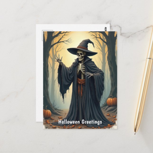 Carte Postale Sorcière de squelette éffrayant dans la forêt hant (Devant/Arrière en situation)