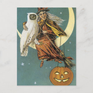 Carte Postale Sorcière d'Halloween à l'ancienne et la lune