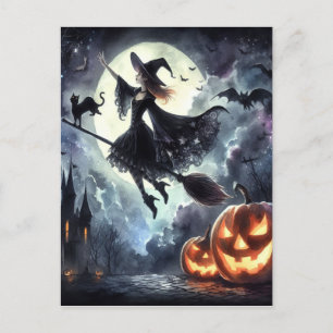 Carte Postale Sorcière d'Halloween avec chambre et chat