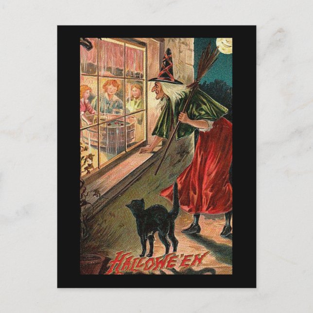 Carte Postale Sorcière d'Halloween avec chat (Devant)