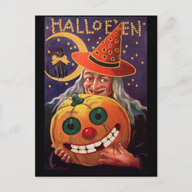 Carte Postale Sorcière d'Halloween avec Citrouille drôle (Devant)